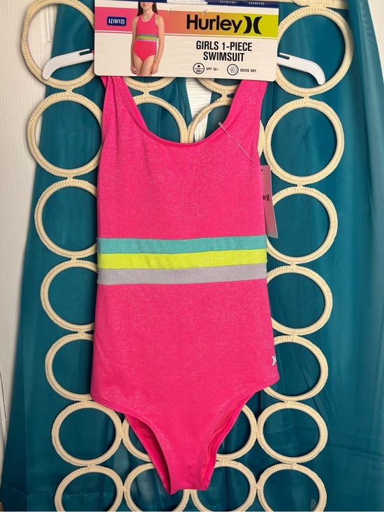 Hurley Other - Hurley Pink Girls' One-Piece Swimsuit with Teal, Yellow & Gray Stripes Large NWT